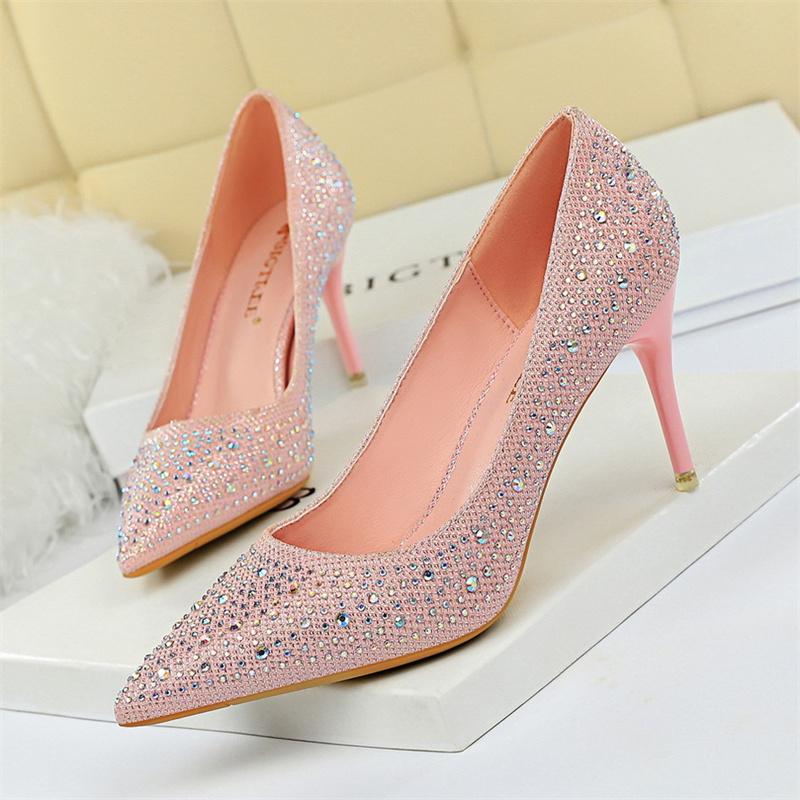 Fashion Shallow Mouth Pointed Color Rhinestone Pumps Fashion Wedding Party Women Sweet Pump Stiletto Thin High Heel Single Shoes