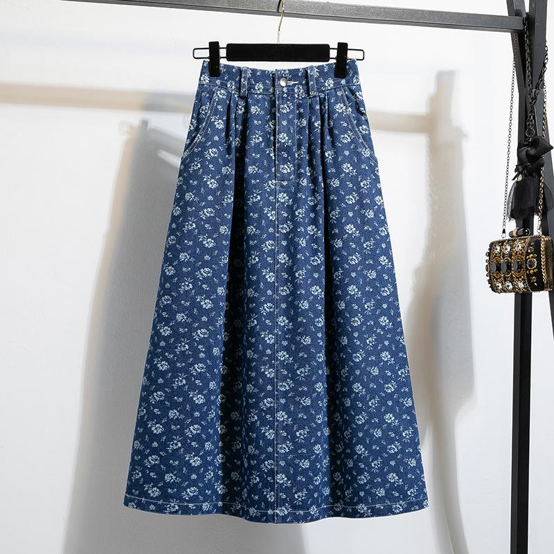 Retro Denim Skirt for Women High-Waisted A-Line Washed Midi Denim Skirt With Pockets Long Jean Skirts Women's Pleated Flowy Swing A-line Denim Skirts