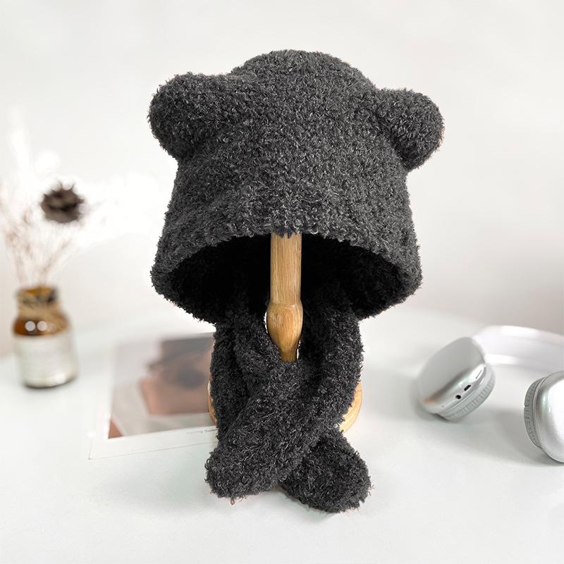 Plush Bear Ears Knitted Hat Women's Autumn and Winter Face Revealing Small Maillard Style Beanie Warm Big Head Cold Hat