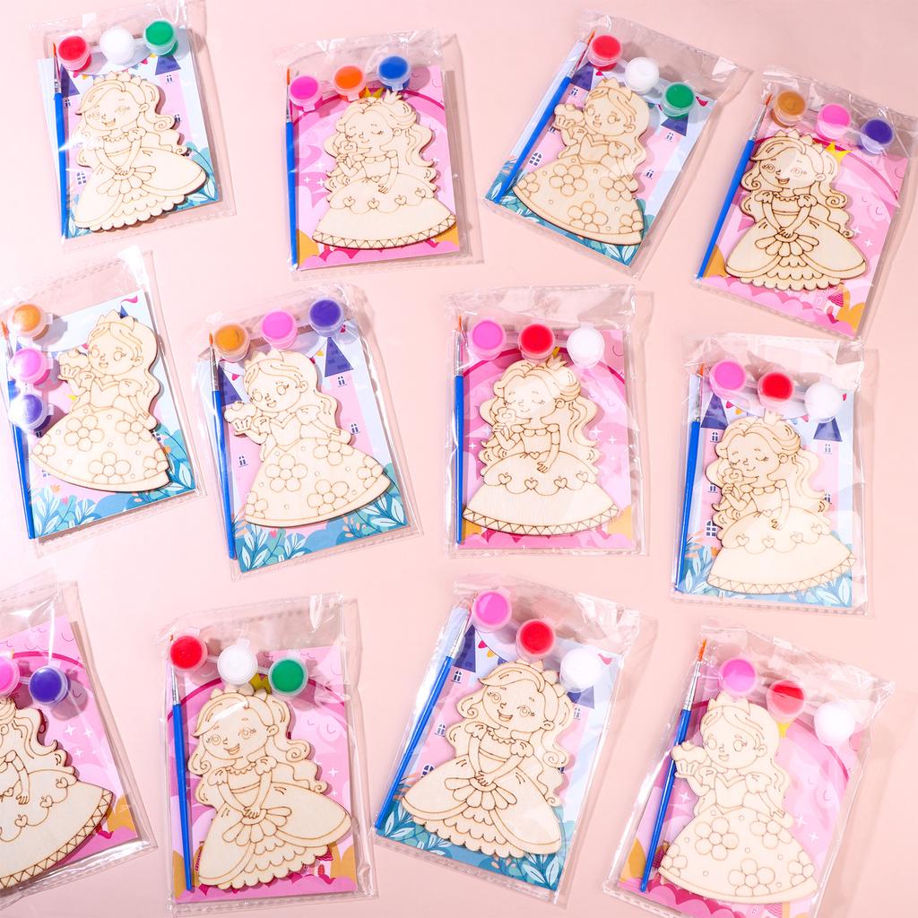 12 Pcs Birthday Theme Party Favors Wooden Painting Crafts Bulk With Game Cards Paint Brushes Supplies For Themed Party Decoratio