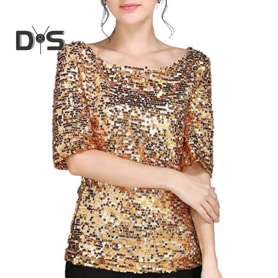 Dámské triko s flitry Špičkové šumivé tričko Stylová pohodlná halenka se středním rukávem Streetwear pro jevištní představení Denní nošení