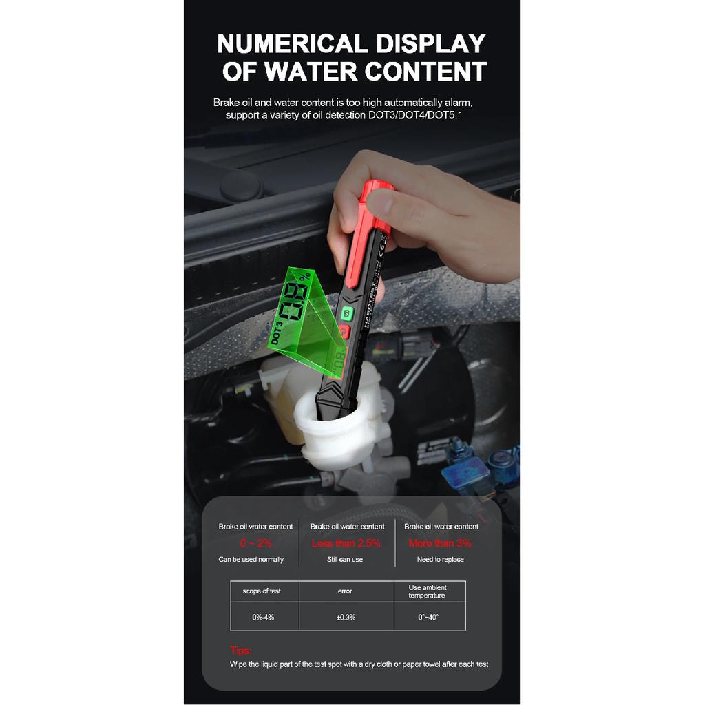 HT662 Brake Fluid Liquid Oil Tester with Sound and Light Alarm Analyzer Meter for DOT3/DOT4/DOT5.1 Brake Fluid Content Detector