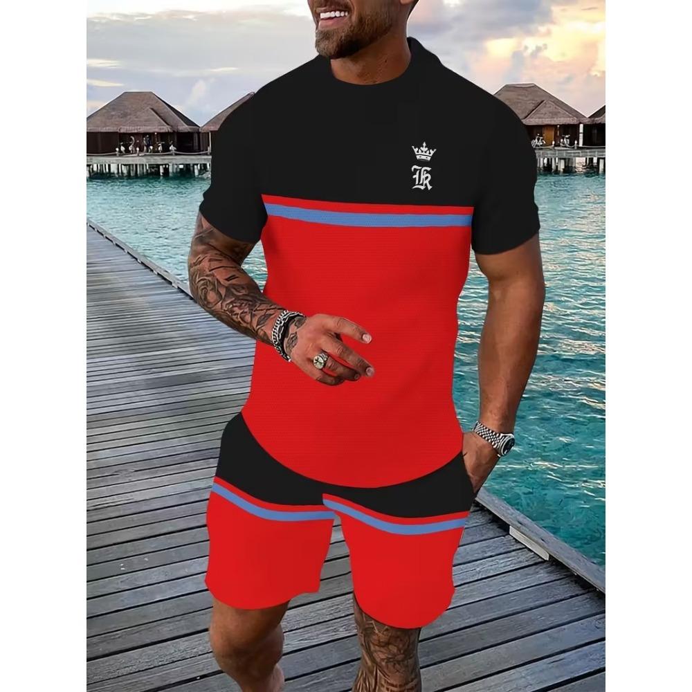 New King Crown Printed T-shirt and Shorts 2-piece Set for Men's Sports Short Sleeves and Shorts Outdoor Street Men's Wear