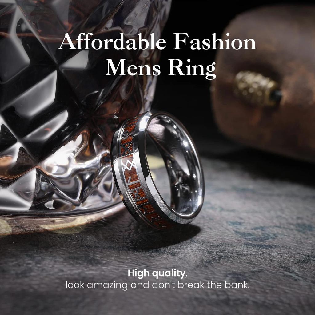 8mm Men Stainless Steel Norse Viking Runes Rings Inlay Koa Wood Rings For Men Women Wedding Band Jewelry Gift