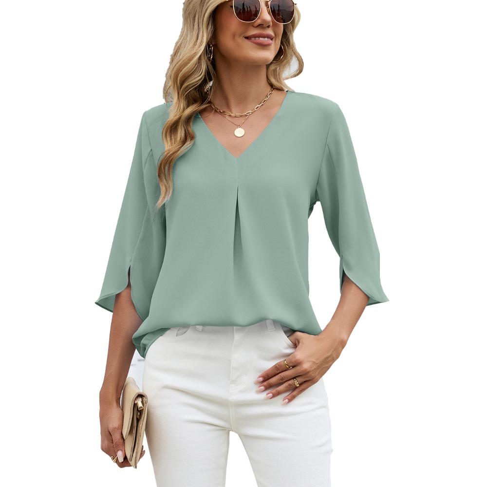 Women's V Neck 3/4 Split Sleeve Blouse Loose Fit Front Pleated Detail Casual Solid Chiffon Top