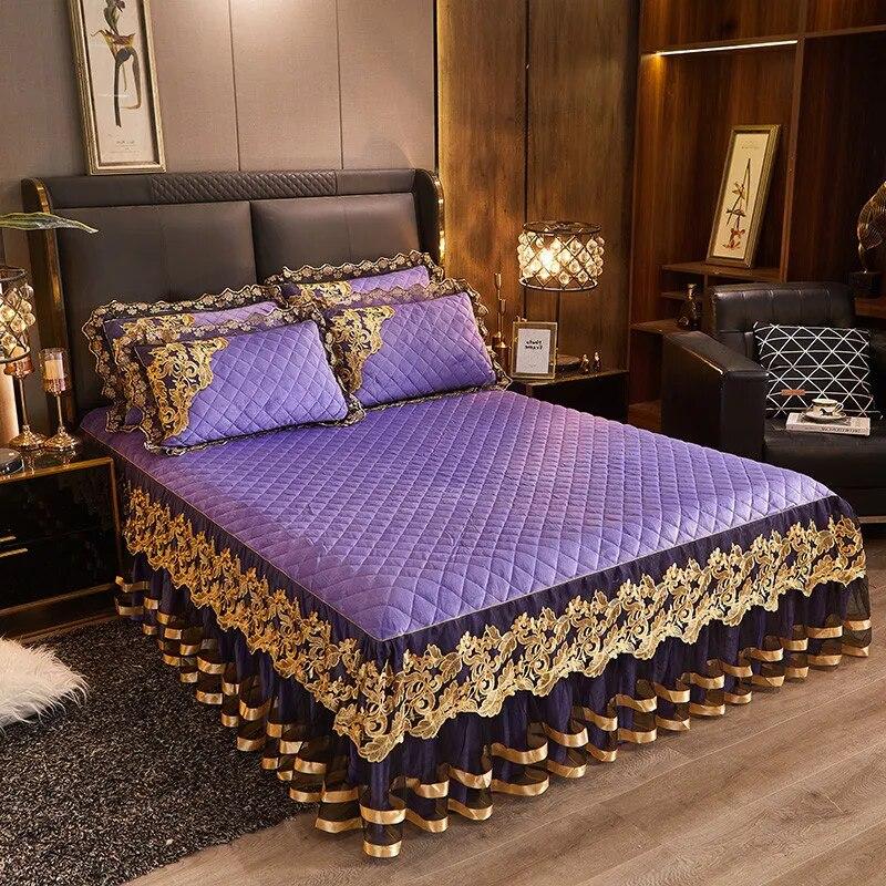 

Бархатное стеганое покрывало с золотой вышивкой, плотное покрывало размера «queen-size», мягкая теплая кружевная юбка с рюшами, 2 наволочки, 200x220, зеленый 150x200cm 59x79inch