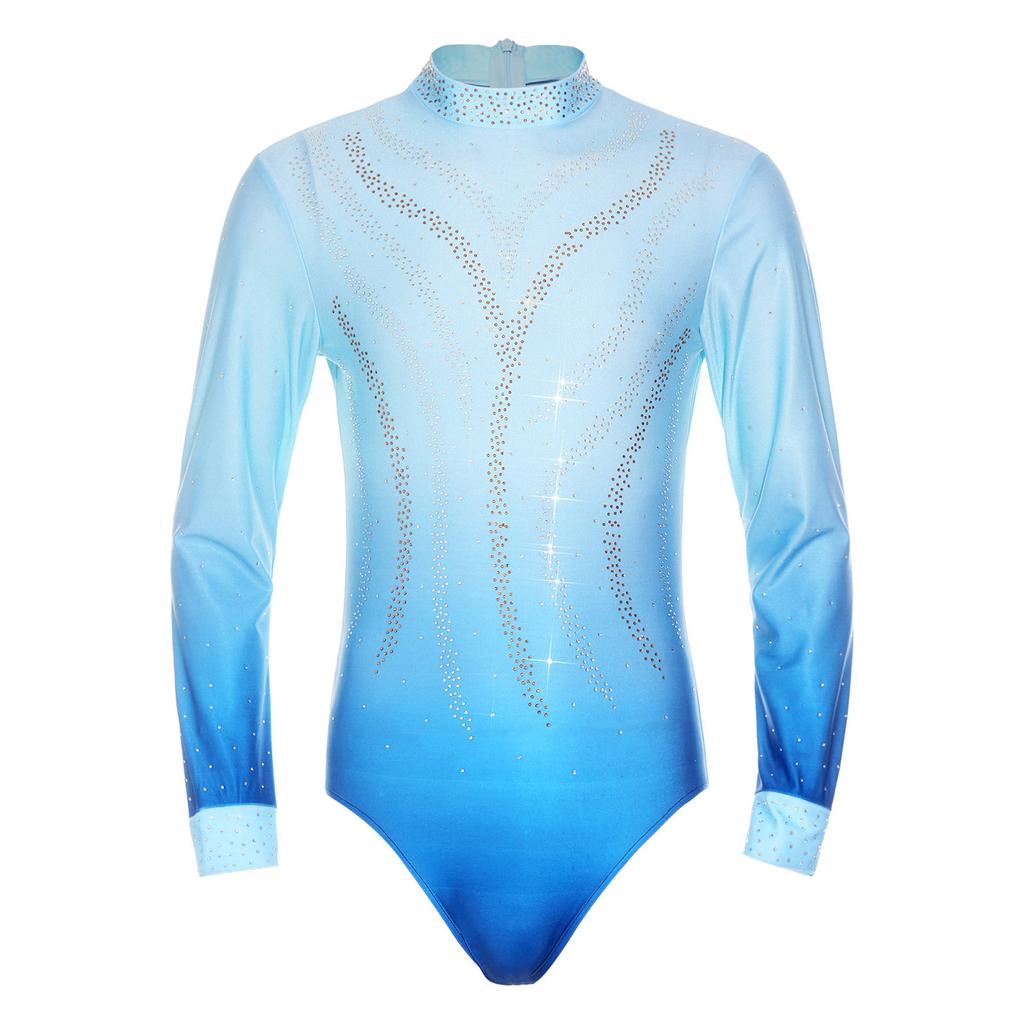 Mens Figure Skating Bodysuit Gradient Color Rhinestones Mock Neck Long Back Zipper One Piece Leotard