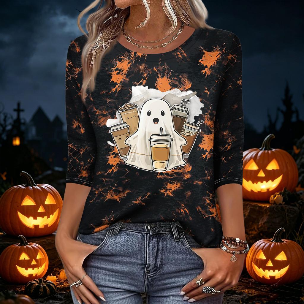 Women's Casual 3/4 Sleeve Halloween Print Neck Top