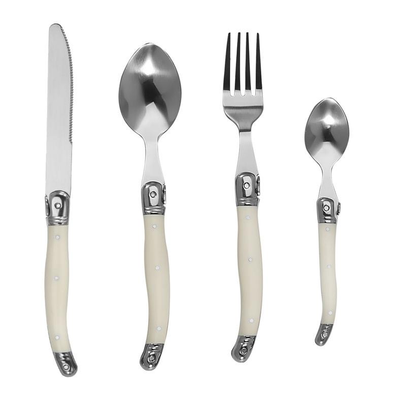 

Набор столовых приборов Laguiole из 4/6/24 предметов, нож для стейка, вилка, ложка для супа и чая, пластиковая ручка цвета слоновой кости, столовая посуда из пищевой нержавеющей стали