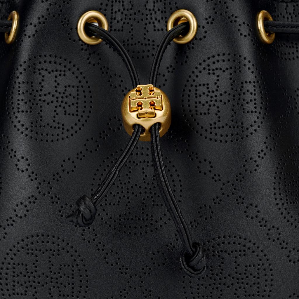 Tory Burch T Monogramm Double T Logo Gesteppt Perforiert Abnehmbarer Schultergurt Kordelzug Leder Eimer Tasche Damen Taschen Schwarz 151791-001