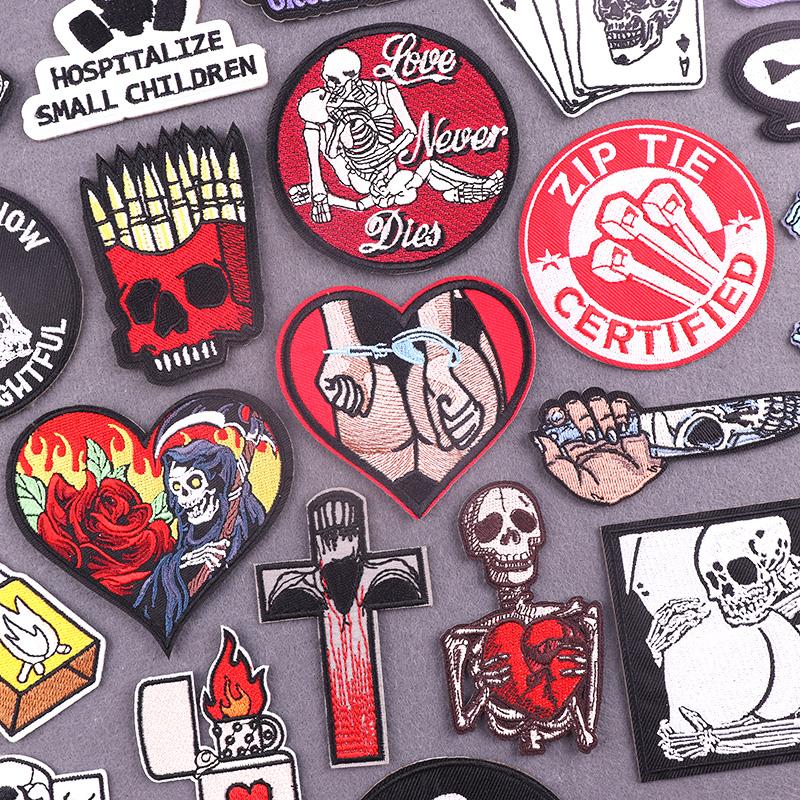 Red Fusible Patches Hiphop Iron On Thermoadhesive Patches For Clothes Cross Skull Embroidery Patches For Jacket Logo Applique