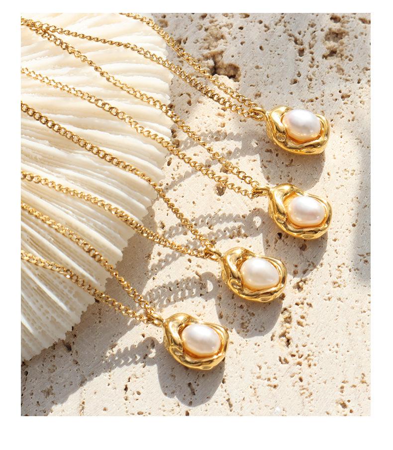 Gold-Plated Titanium Steel Cuban Chain Necklace with Freshwater Pearl Irregular Pendant.