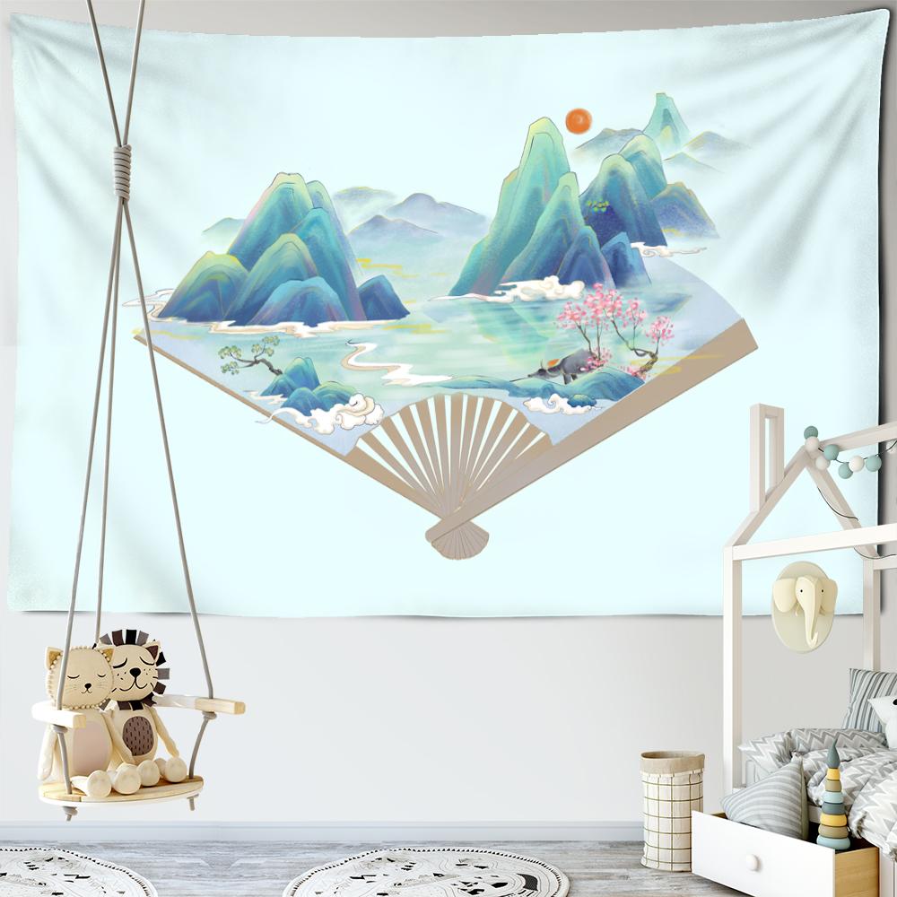 Chinesischer antiker Faltfächer Wandteppich Wandbehang Einfache Kunst Böhmische Landschaftsmalerei Ästhetik Zimmer Heimdekor