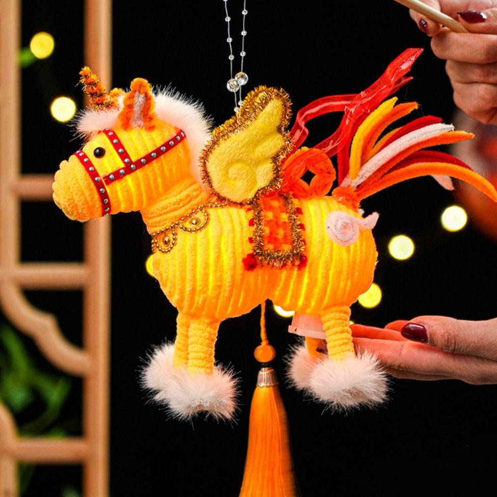 DIY Material Kit Luminous Horse Lantern Year of The Horse Handmade Spring Festival Lantern with Tassel Blessing Words