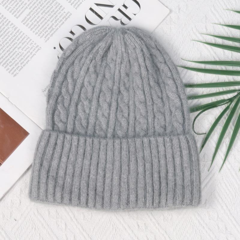 Angola rabbit fur warm solid color light board autumn and winter versatile candy color vertical stripe knitted hat women