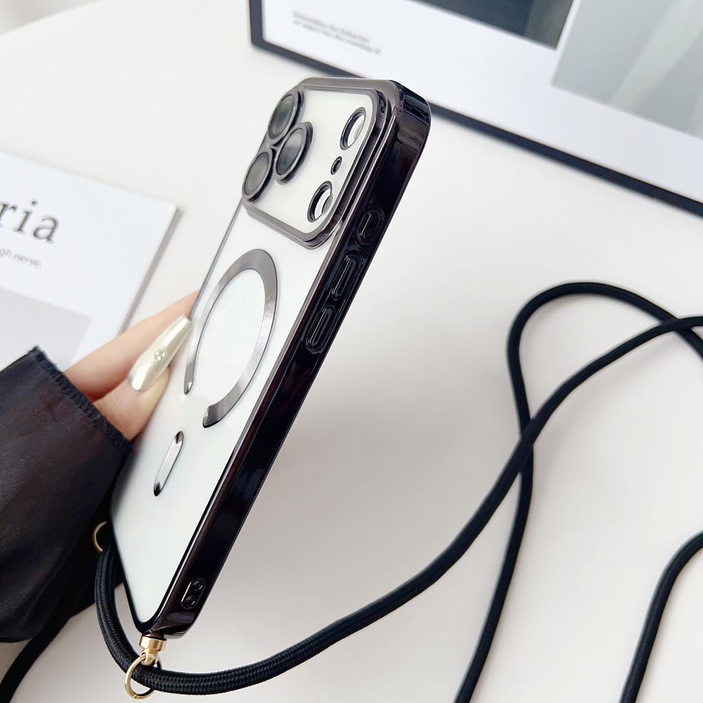 Crossbody Necklace Lanyard Plating Magnetic Case For iPhone 17 Pro Max 16 15 13 12 14 Plus Clear For Magsafe Soft Silicone Cover