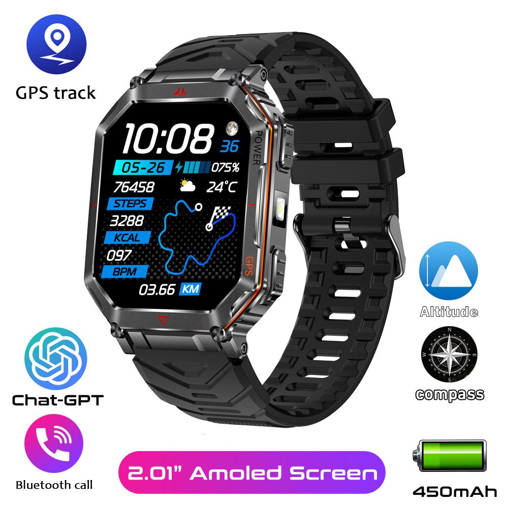Military Smart Watch for Men with GPS Compass GPT Voice Assistant Smartwatch with LED Flashlight Bluetooth Call Fitness Tracker for Android & iOS