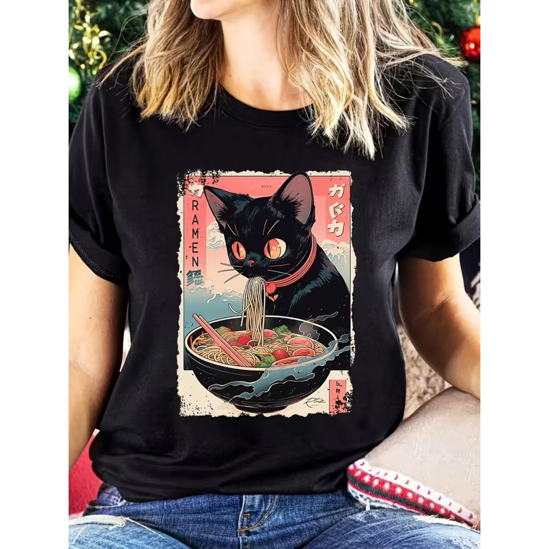 

Милая японская кошка, принт с раменом, футболка с коротким рукавом, круглым вырезом, повседневный топ для лета и весны S чёрный