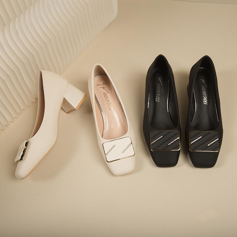 Spring single shoes women's 2024 new versatile white square heel square root thick heel square head light color women's beautiful high heels