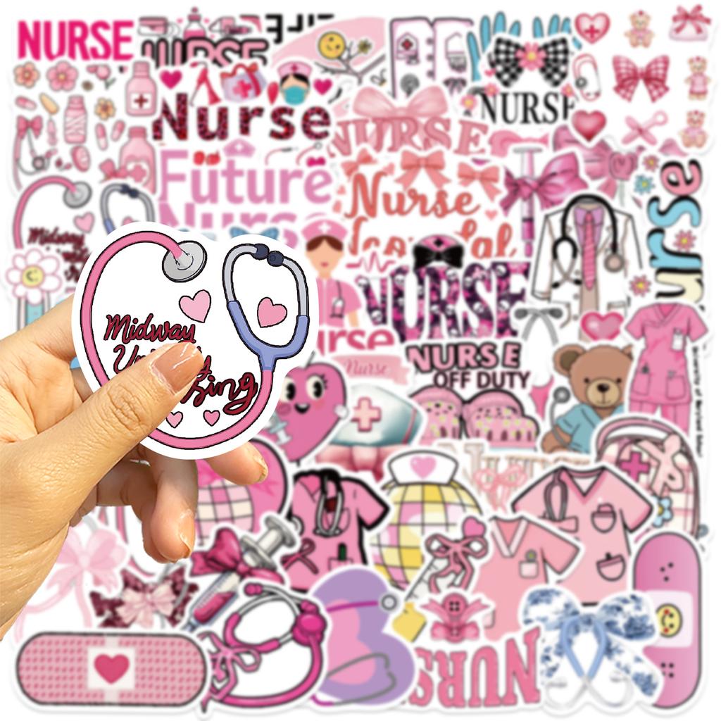 50 stuks Roze Strik Verpleegster Stickers Stethoscoop Naald DIY Decoratie voor Boek Envelop Telefoon Computer Leuke Doodle Stickers