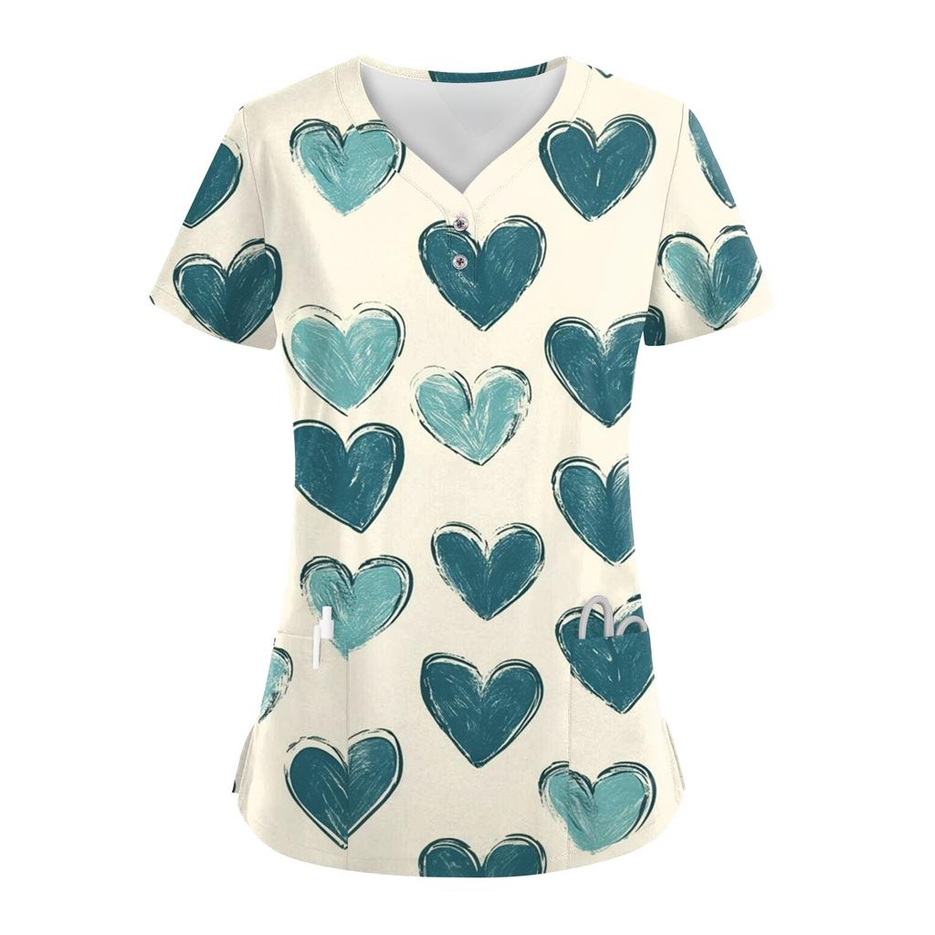Women's Button V Neck Fashion Casual ChristmasValentine's Day Print Tops Dry-nurse Top,Scrubs Tops For Women,2 Pockets
