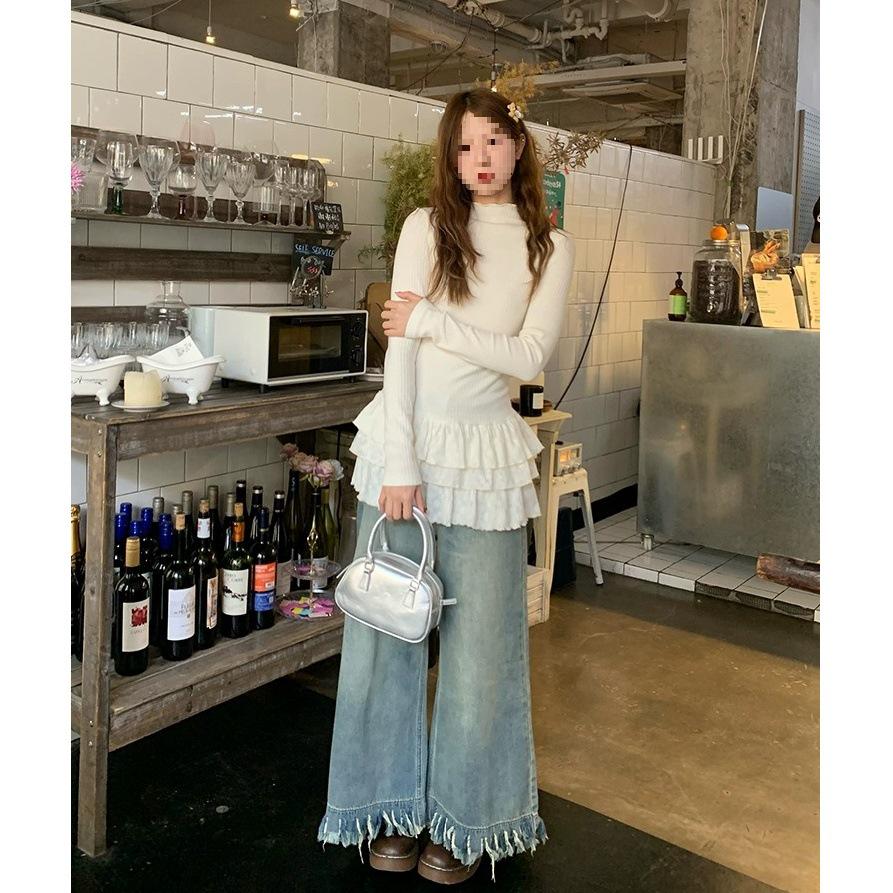 2025 Slim-Fit Lace Trim Half-High Collar Long-Sleeve T-shirt with Layered Cake Skirt