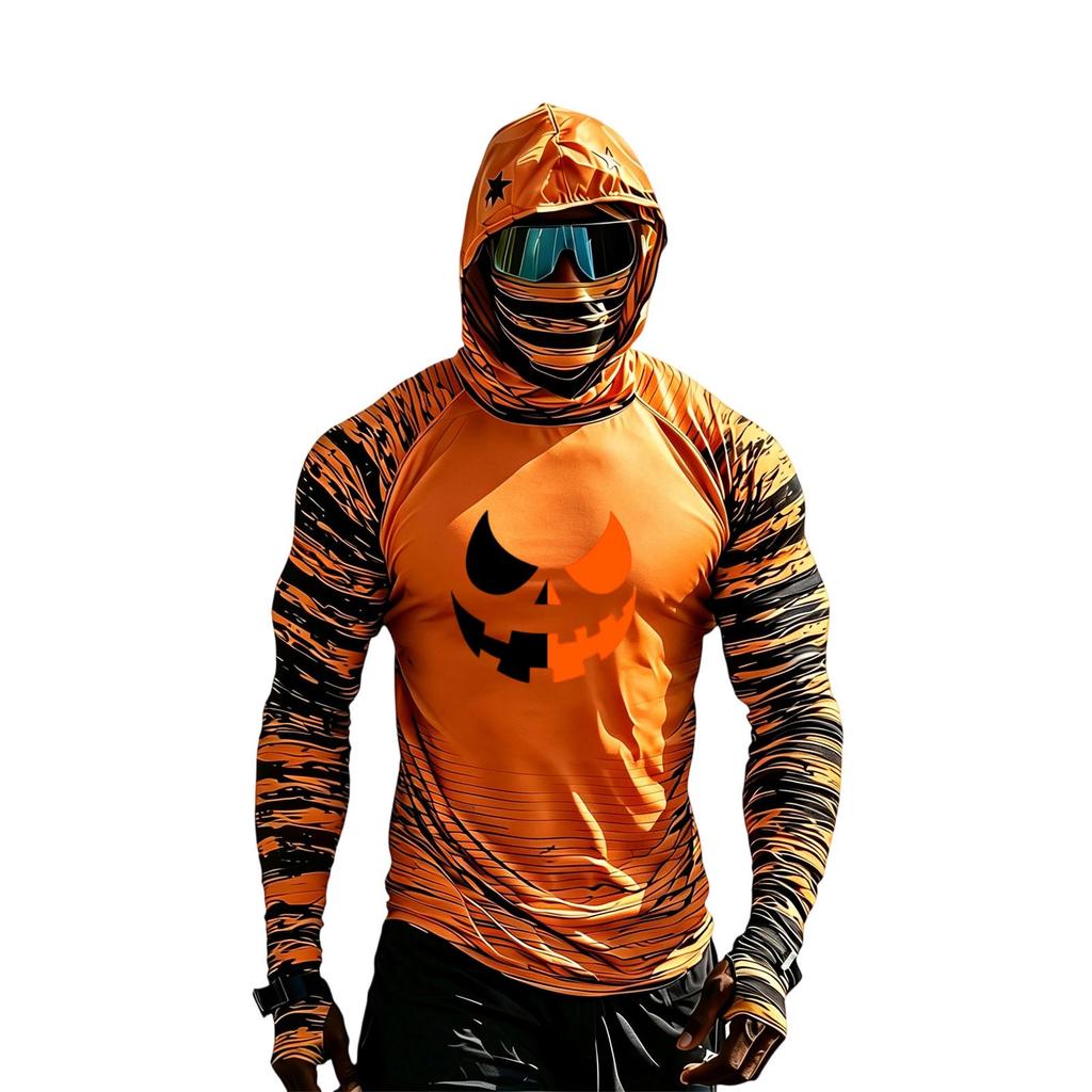 Men's Long Sleeve Hooded Sun Top with Color Block Raglan Sleeves Halloween Print