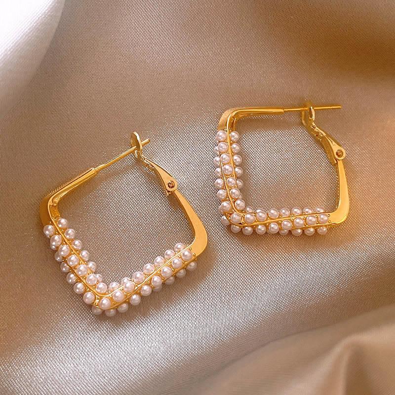 New French Style Square Gold Color Large Hoop Earrings for Women Fashion Design Temperament Pearls Earrings Wedding Jewelry Gift