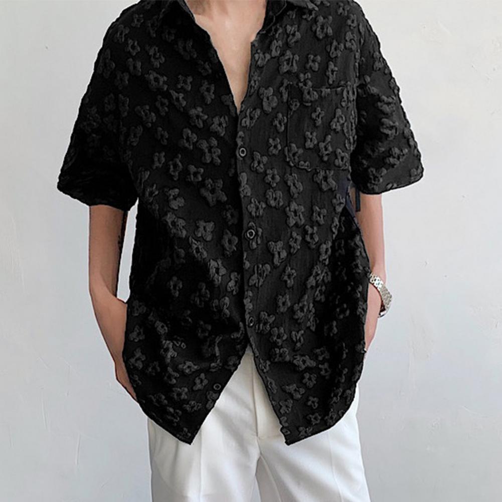 Men Short Sleeve Shirt Turn-down Collar Tee with Embossed Flower Pattern Retro Style Loose T-Shirt for Daily Beach Wedding Offic