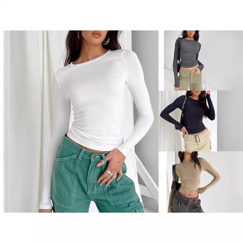 

2023 Women s Slim Fit Irregular Long Sleeve T-Shirt - Solid Color, Round Neck, Autumn Collection L