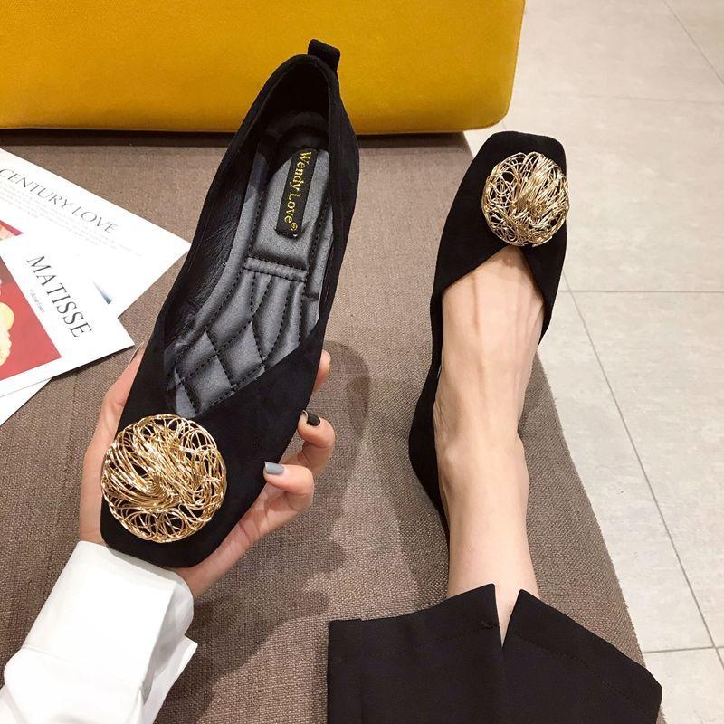 Fashion Flat Shoes for Women Spring and Autumn New Square Toe Black Shallow Cut Single Shoes for Women Flat Boat Shoes Work Shoes