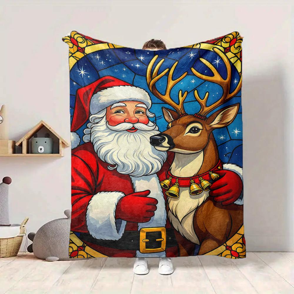 1Pc Vintage Santa Claus Portrait Blanket Soft And Comfortable Casual Warm Camping Travel Christmas Halloween Gift M91734