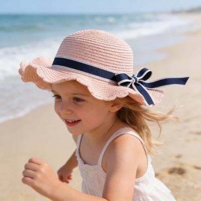 Family Beach Hat Natural Straw Woven Wide Brim Sun Protection Foldable Lightweight Summer Travel Hat with Ribbon Bow Parent-child Beach Hat