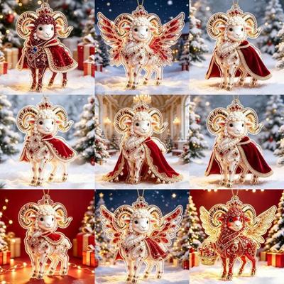 2D Acryl Sternzeichen Steinbock Weihnachtsbaum Anhänger Glücksbringendes Rot-Gold Design Für Rückspiegel Neujahr Hausdekoration