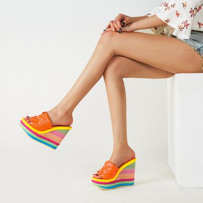 Fashion 13cm Lady Straw Heel Slippers Summer Color Outdoor Party Dress Slippers Women Platform Wedges Slip On Brand Shoes Woman