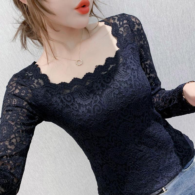 Lace Base Layer Women's Spring Autumn Beautiful Square Neck Inner Slim Fit Long Sleeve T-shirt Top