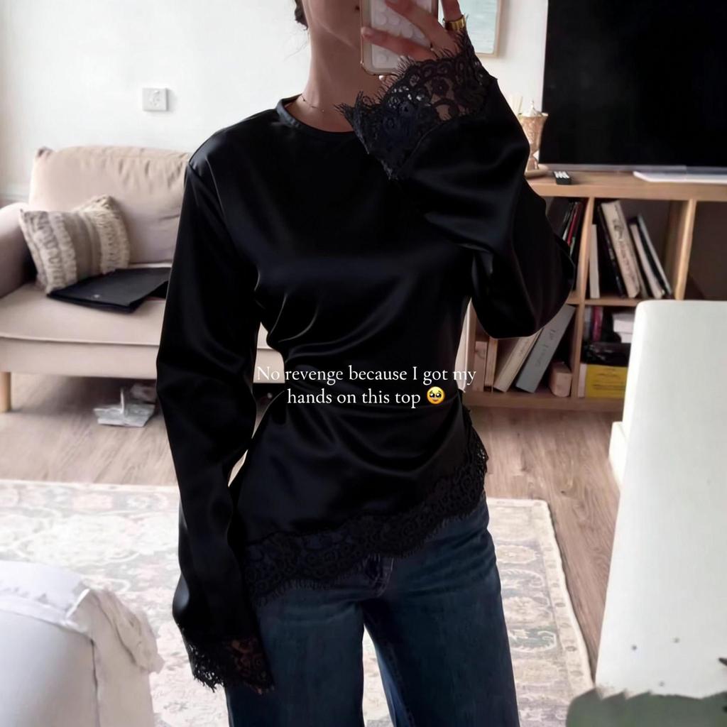 2026 Women's Solid Color Lace Long Sleeve Irregular Hem Blouse