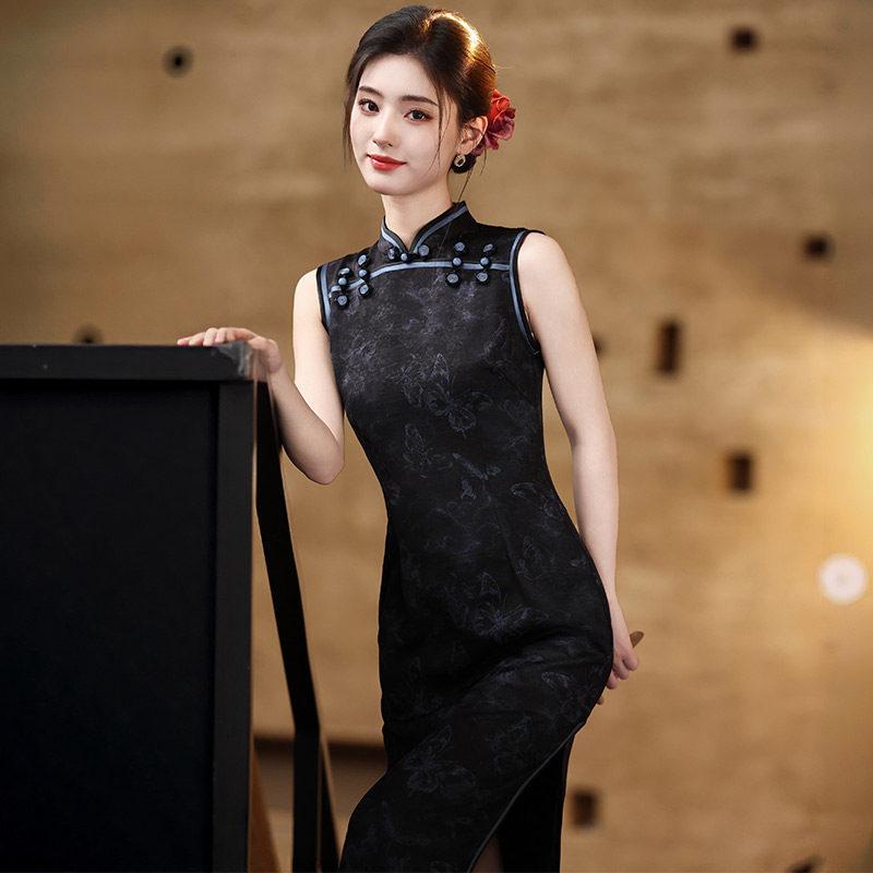 Black national style new Chinese sleeveless long improved cheongsam 1011 new young women's high-end dress summer