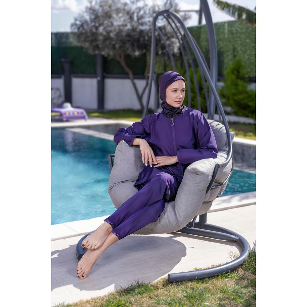 Schwarzer, vollständig bedeckter, wasserabweisender, schnell trocknender Hijab-Badeanzug mit seitlich verstellbarem Reißverschluss