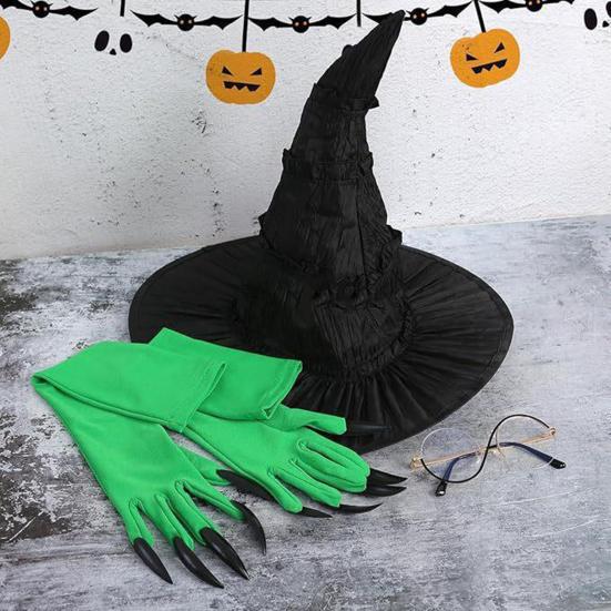 Doplňková sada kostýmu čarodějnice Černý čarodějnický klobouk Brýle s kulatými obroučkami Zelené drápové rukavice Sada pro ženy Halloween Cosplay Hra na role Párty