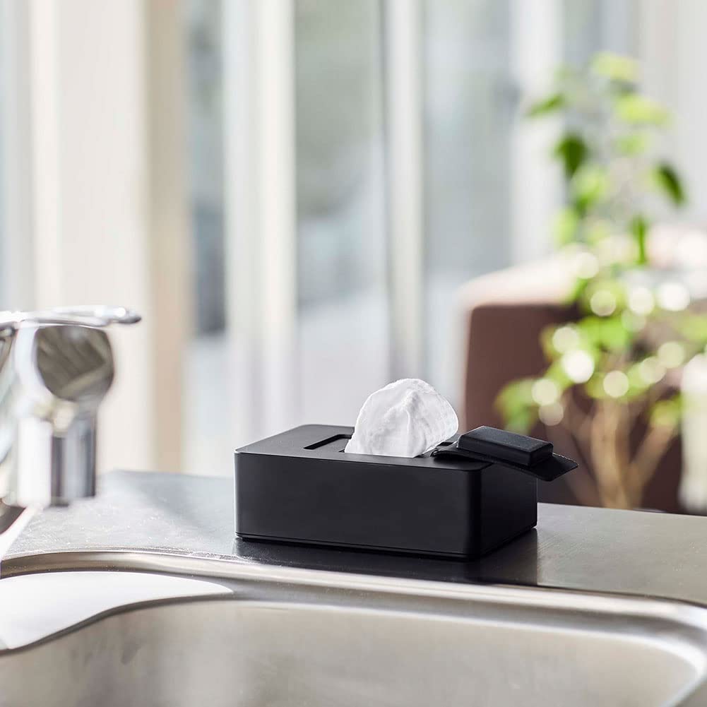 Yamazaki Wet Wipe Holder, Black, Approx. W17 X D11.5 X H5.6cm, Tower, Easy One-Hand Open Silicone Lid, 5703
