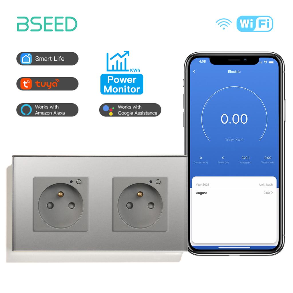 BSEED Single Wifi French Socket Double Power Monitor Wall Sockets Triple Smart Outlets Glass Frame Tuya Smart Life Control