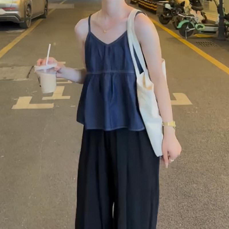 Elegance Casual Stylish Vest Outer Wear Summer Simple Temperament V-neck Loose Design Pleated Ruffled Sleeveless Undershirt Denim Suspenders Female
