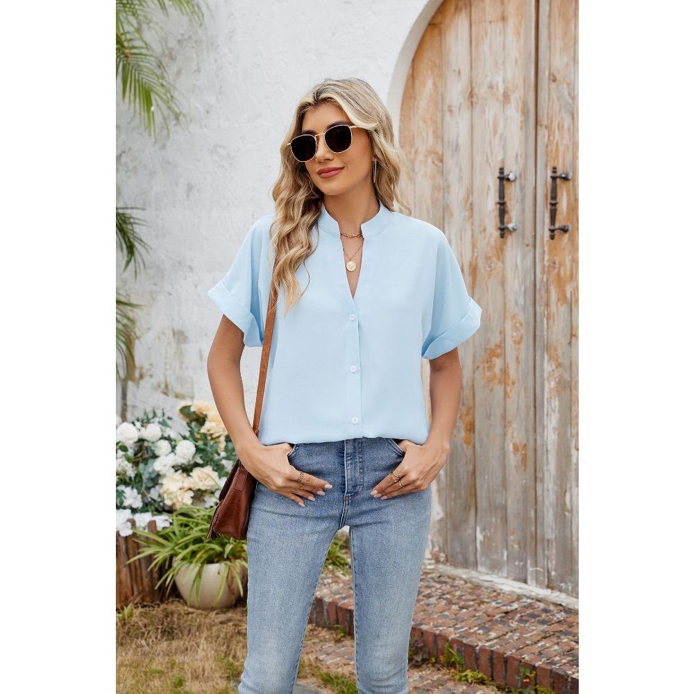 Sommer Neue Einfarbig V-ausschnitt Lose Kurzarm Button-Down Chiffon Hemd