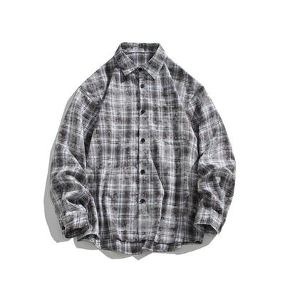 Men's Japanese Fashion Retro Tie-dyed Plaid Large Size Loose Long-sleeved Shirt Jacket Men