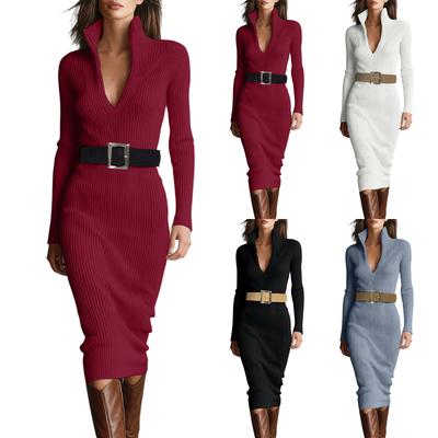 Women's Color With Slim Fit Waist Belt, Mid To Long , Over Knee Base, Hip Hugging Dress