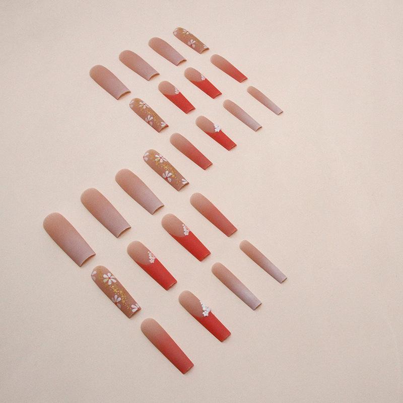 Frosted golden autumn orange French long water pipe nail Spice Girls ins wind diamond flower wearing armor wholesale nails