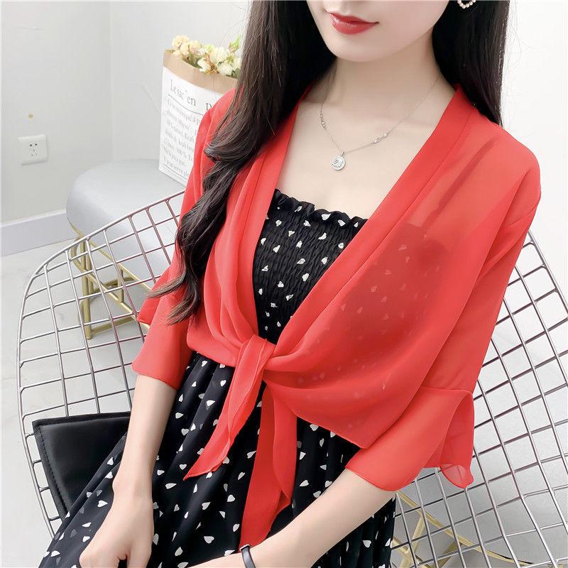 

Женская летняя шифоновая короткая куртка – тонкий кружевной кардиган с шалью для платьев-маек, защита от УФ-лучей. M (for 42.5-55 kg) красный