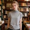 T-shirt da Donna Collo Alto Maniche a Pipistrello Corte con Arricciatura Laterale Pullover Colore Puro Ampio