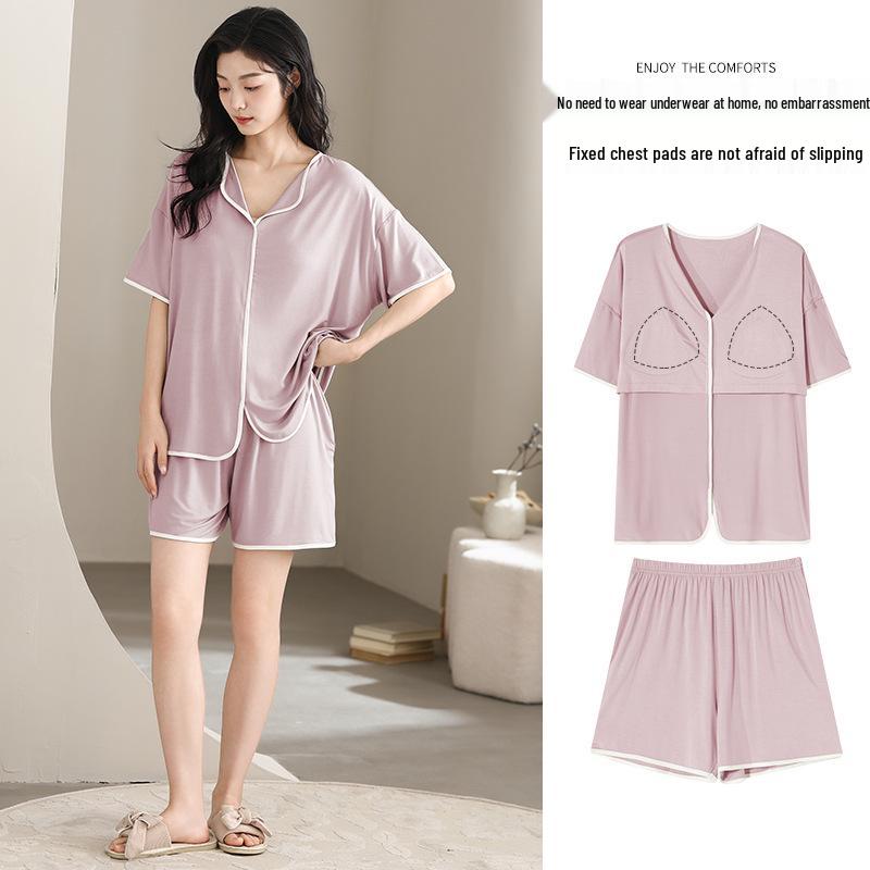 Pijama de Modal Refrigerante para Mujer con Sujetador Incorporado, Manga Corta, Amigable con la Piel, Color Sólido, Adecuado para Usar al Aire Libre